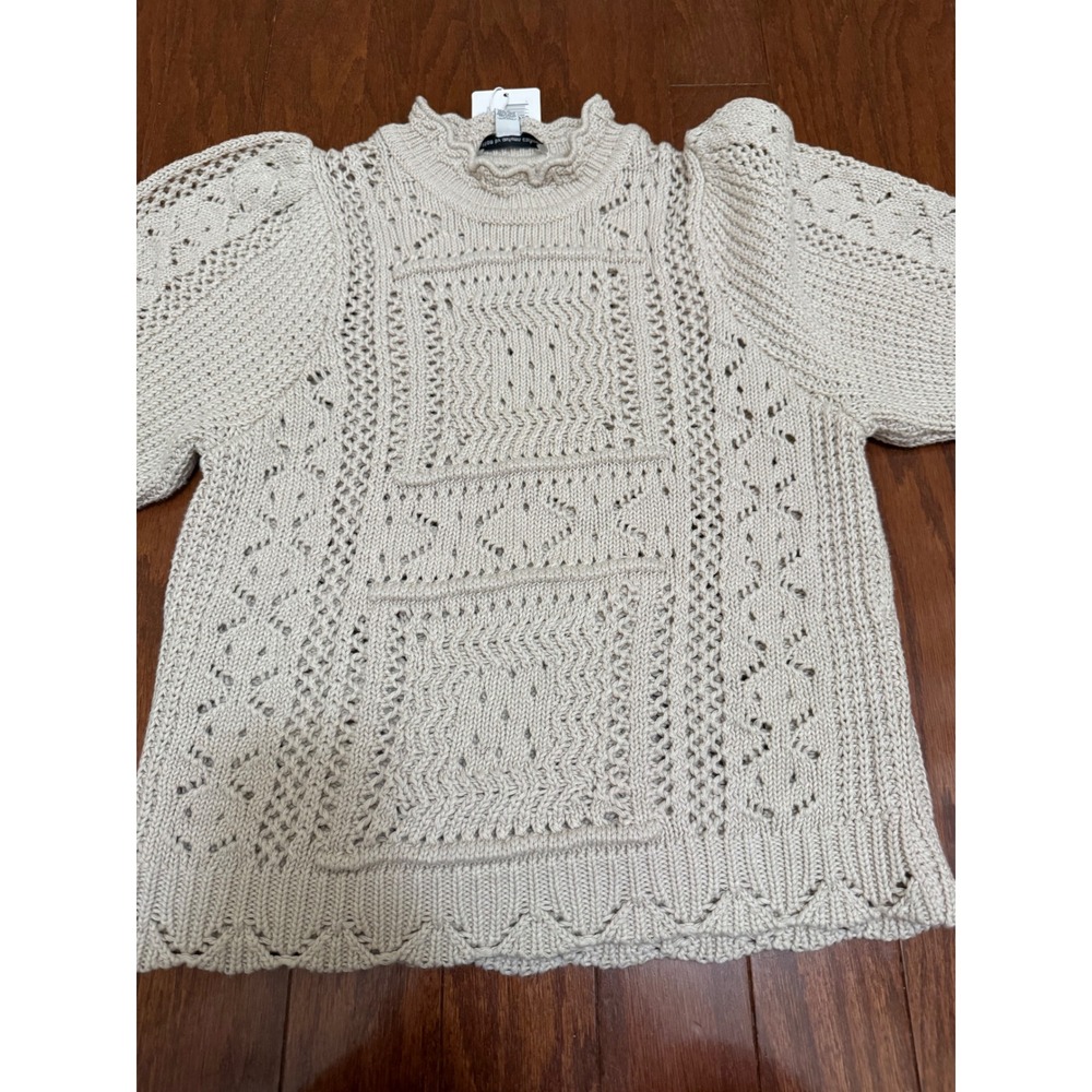 Cotton by Autumn Cashmere Scalloped Pointelle Knit Short Sleeve Sweater Cream XS